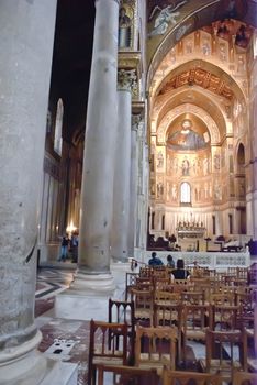 Medieval Norman architecture. Cathedral of Monreale, interior with its golden mosaics.Palermo- Sicily-Italy