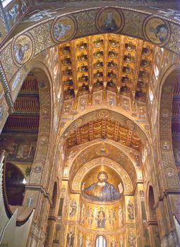 Medieval Norman architecture. Cathedral of Monreale, interior with its golden mosaics.Palermo- Sicily-Italy