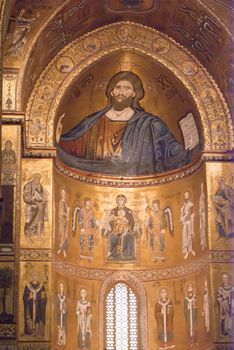 Medieval Norman architecture. Cathedral of Monreale, interior with its golden mosaics.Palermo- Sicily-Italy