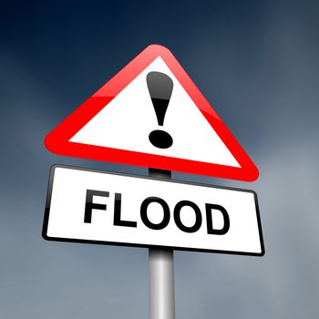 Illustration depicting a road traffic sign with a flood warning. Dark sky background.