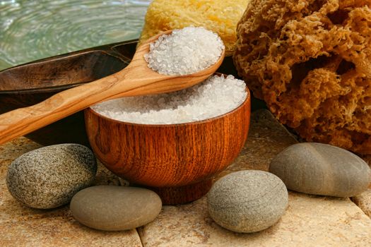 Sea bath salts with river rocks and sponges