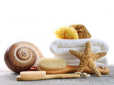 Assortment of spa brushes and sponges on white background