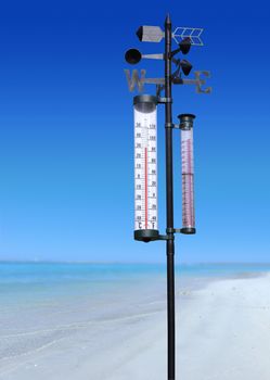 ocean coast at sumer sunny day and thermometer
