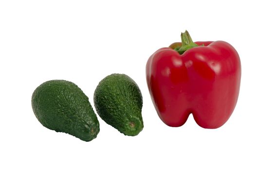 Red chilli pepper paprica and two green avocado isolated on white background.