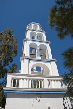 A Blue and White Greek Church Bell Tower 