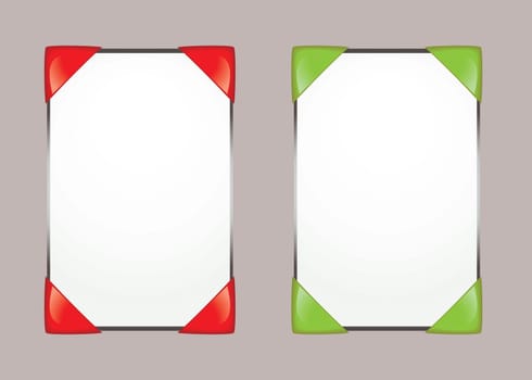 Two white paper note pads with bright coloured edge protectors and copy space