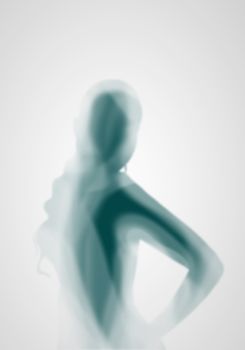 Image with a blurred female silhouette against colour background