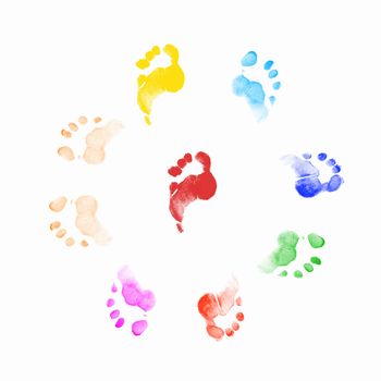 Colourful human foot prints on white background
