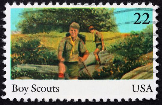 UNITED STATES OF AMERICA - CIRCA 1985: a stamp printed in the USA shows Boy scouts, 75th anniversary of Boy scouts of America, circa 1985