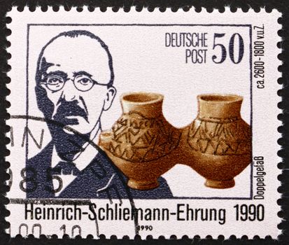 GDR - CIRCA 1990: a stamp printed in GDR shows Heinrich Schliemann, Businessman and Archaeologist, Archaeological Excavator of Troy, circa 1990
