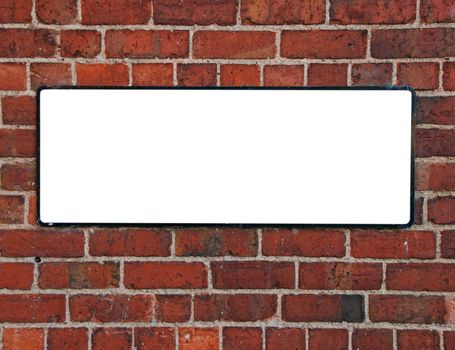 empty sign on a brick wall isolated on white background (copy-space available for design)