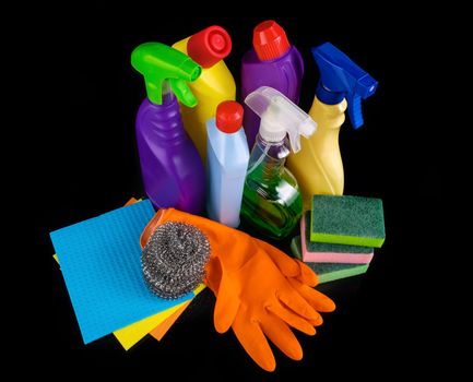 Subjects for sanitary cleaning a house on black background