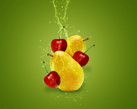 Fresh Pear, cherry with water splashes on green background.