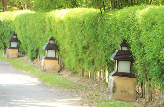 Row of traditional lamps beside pathway, decorate in a garden