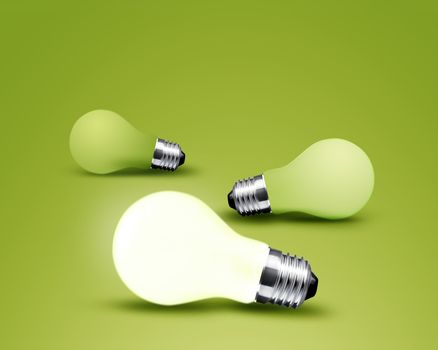 one glowing Light bulb from three Light bulb idea on green background
