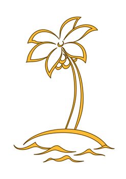 Island, palm tree with leaves, sea waves. One-colour logo
