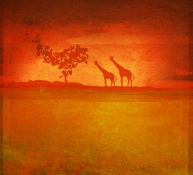 grunge background with African fauna and flora