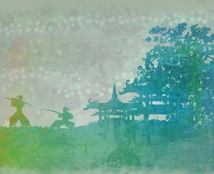 Samurai silhouette in Asian Landscape , raster