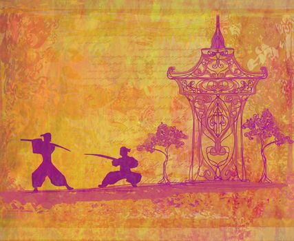 Samurai silhouette in Asian Landscape , raster