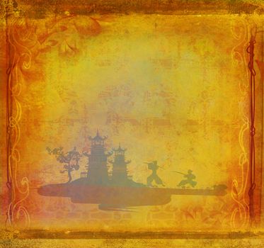 Samurai silhouette in Asian Landscape , raster