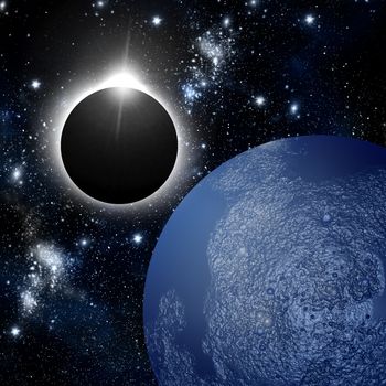 Eclipse and blue planet in deep space