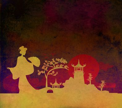 old paper Asian Landscape with geisha