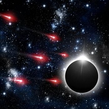 Comet and solar eclipse in the night sky