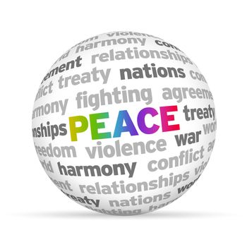 3d Peace Word Sphere on white background.