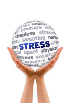 Hands holding a Stress Word Sphere on white background.