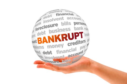 Hand holding a Bankrupt Word Sphere on white background. 
