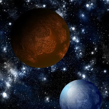 Blue planet with red moon