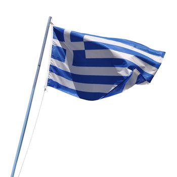 vibrant greek flag on a blue pole isolated on white background