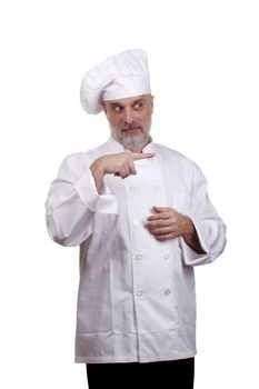 Portrait of a caucasian chef in his uniform on a white background.