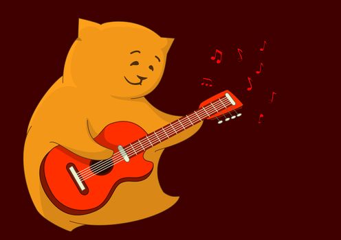 Cheerful red cat pillow playing a guitar, from which notes take off