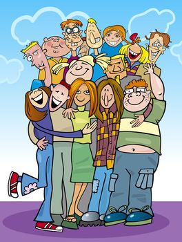 cartoon illustration of teenagers group in a hug