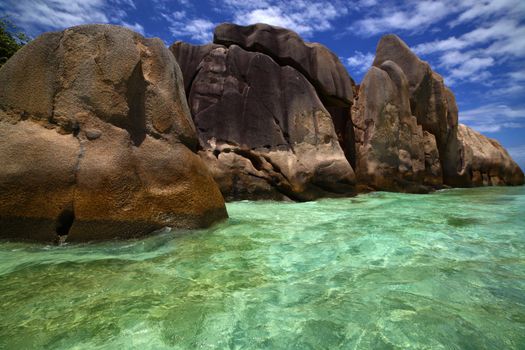 Beautiful clear blue green water pools around large boulders and among shore rocks