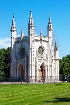 Gothic chapel (St. Alexander Nevsky Orthodox church) in Alexandria park, Peterhof, St. Petersburg, Russia