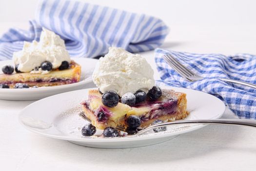 Delicious blueberry lemon tart with whip cream on wood table