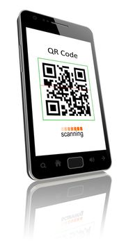 smartphone showing QR code scanner on the screen. Include clipping path for phone and screen.