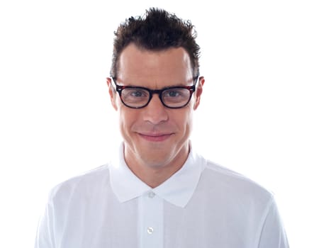 Closeup of casual man wearing eyeglasses smiling at camera