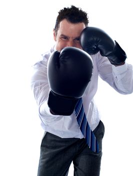 Corporate man posing boxing punch isolated against white background