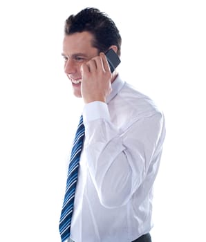 Side view of manager attending phone call isolated against white background
