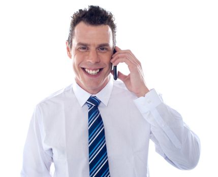 Businessman communicating attending phone call. All on white background