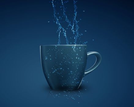 black mug with water splash on blue background.