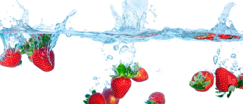 Collage Fresh Strawberry Dropped into Water with Splash on white backgrounds