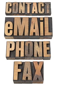 contact, email, phone, fax  - isolated word set in vintage letterpress wood type