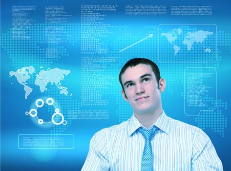 Image of a business person and technology related background