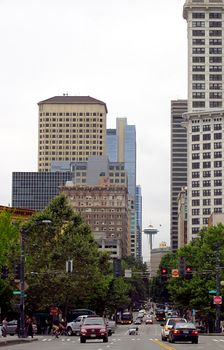 A photograph of city traffic.