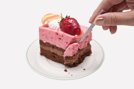 Strawberry mousse cake with chocolate.