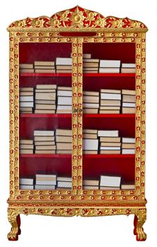 Antique gilded cabinet with Buddhist Meditation Books isolated on white